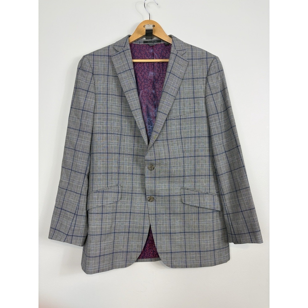 Indochino‎ Sport Coat Mens Sz 42L Plaid Windowpane Gray Wool Mohair Blazer